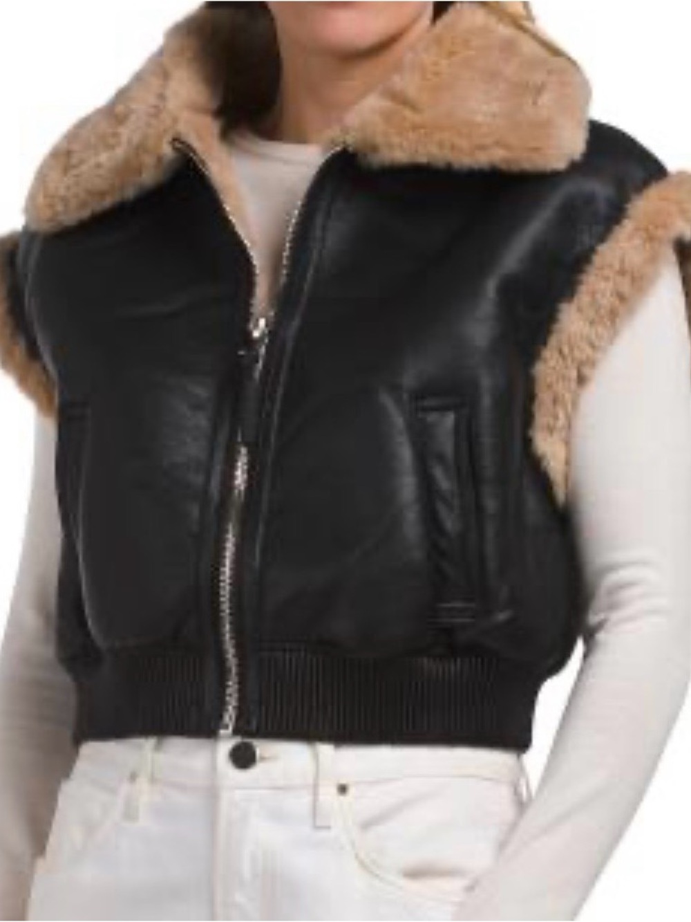 Black faux Leather Shearling-Lined Vest with Tan Fur Collar